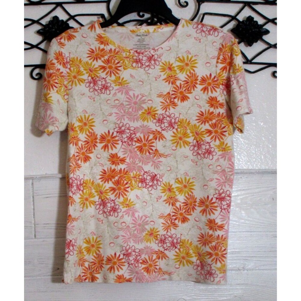 Studio Works Women's Top Size M Short Sleeve Multicolored Floral Round Neck